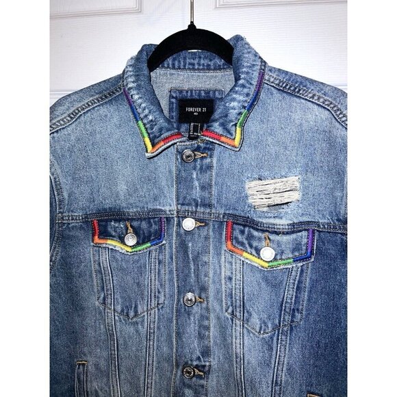 NWT FOREVER 21 Mens Rainbow Trim Distressed Denim Jean Jacket Size Small - Picture 8 of 11
